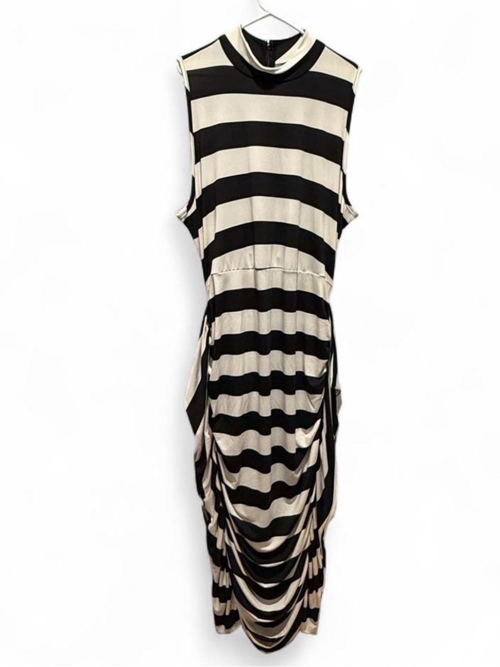 Ashley Stewart Black and White Striped Sleeveless Maxi Dress with Ruched Skirt